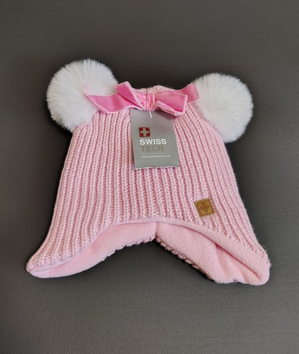 Swiss Tech girls beanie. Pink with Ribbon and pom pom's